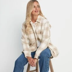 Carrie Womens Shacket - Biscuit Check
