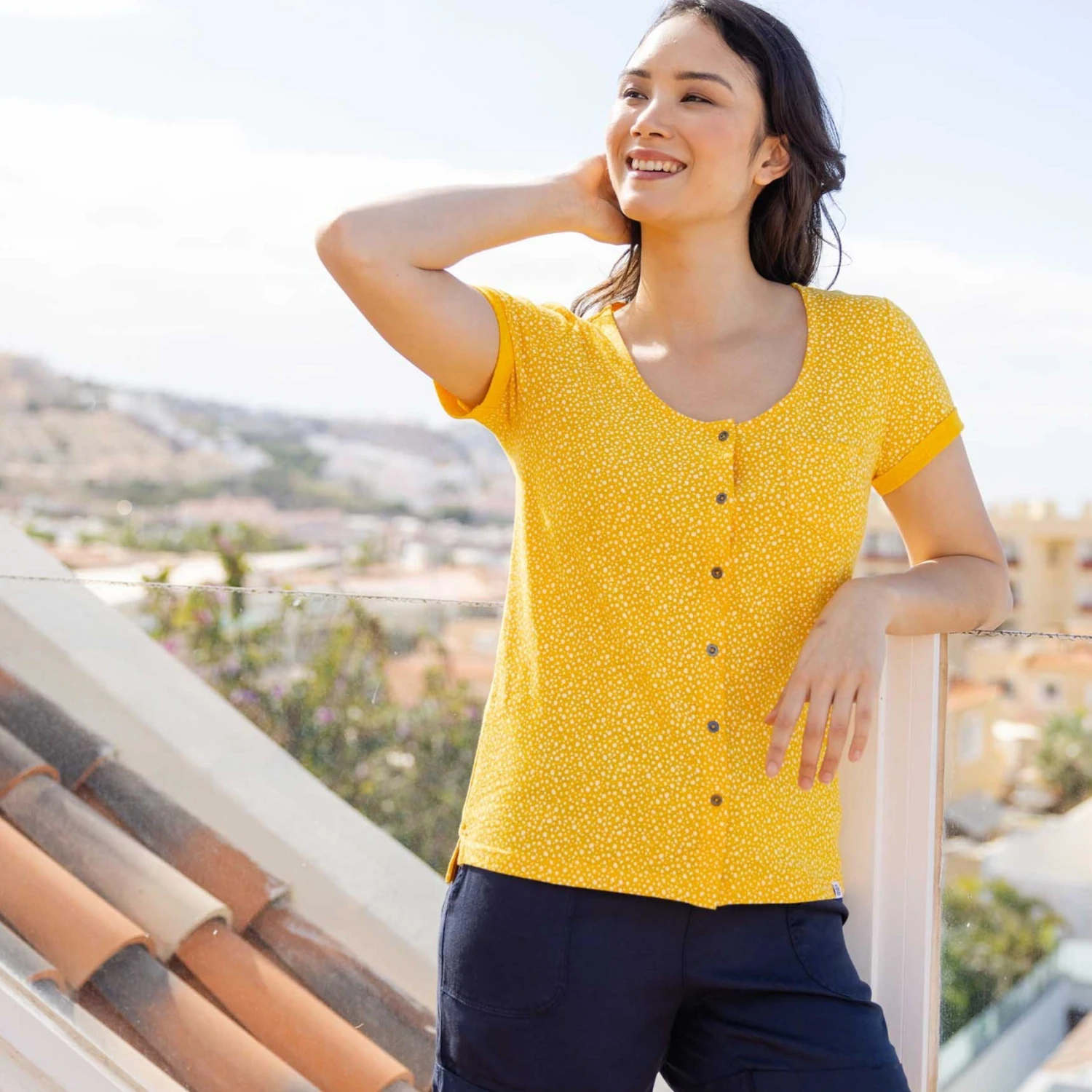 Kinver Womens Button Up Top - Bright Yellow Dalmation Print 4 Kinver Womens Button Up Top - Bright Yellow Dalmation Print - Image 2